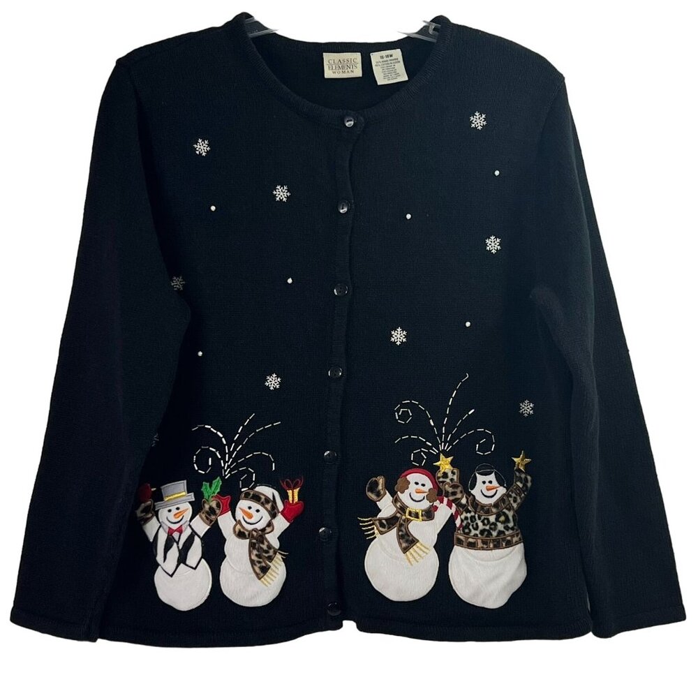 Classic Elements  Ugly Christmas Cardigan Sweater Sz 16-18W Snowmen Black